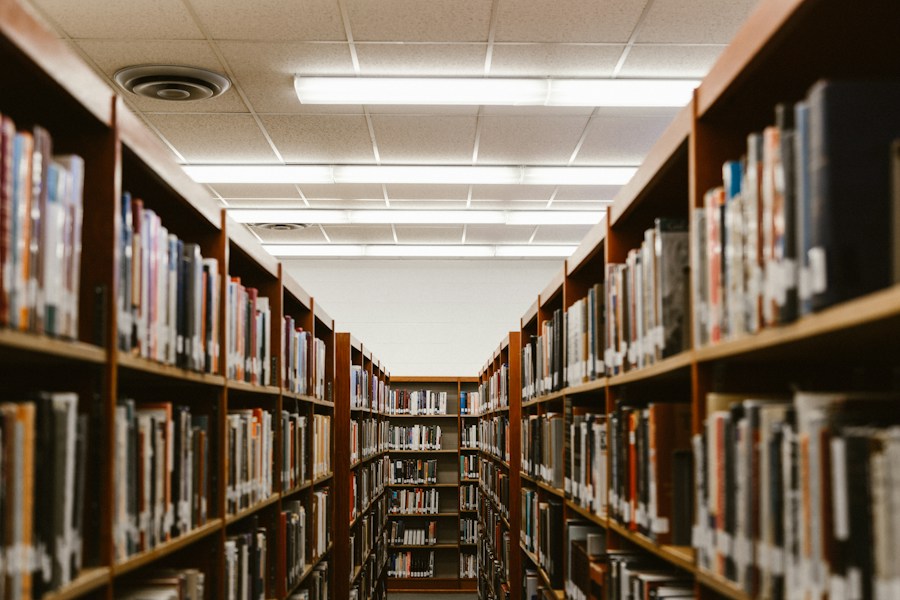 Bookshelves in a library; illustrative photograph
